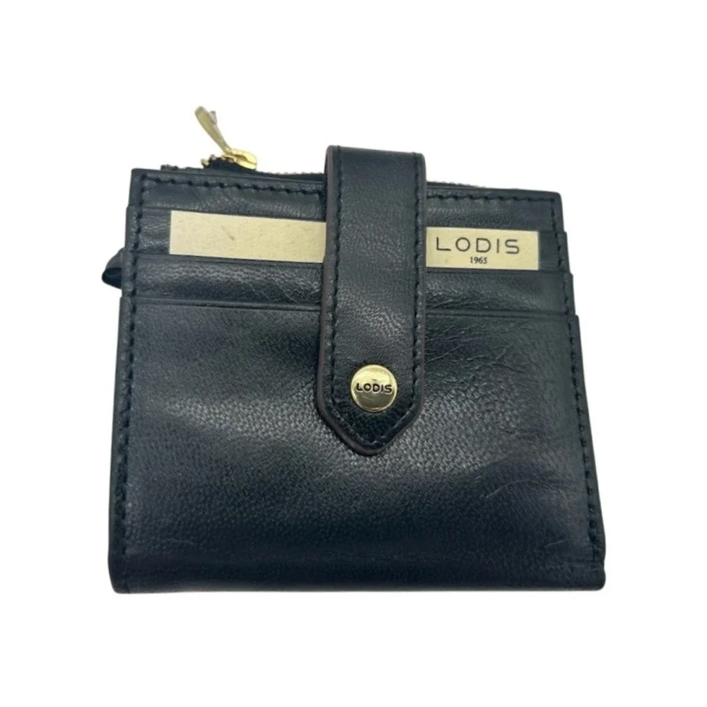 New Lodis Wallet Women's Black Leather Bifold ID Window Gold Zip